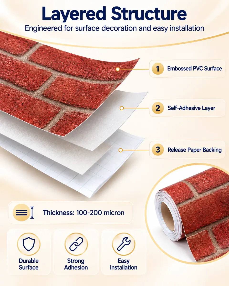 Red Brick Self Adhesive Shelf Drawer Liner Door Sticker Rural Contact Paper — Surface texture and finish close-up