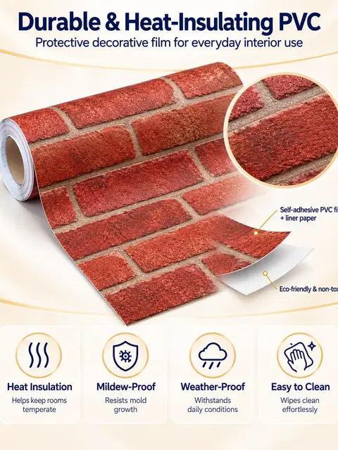 Red Brick Self Adhesive Shelf Drawer Liner Door Sticker Rural Contact Paper — Cabinet refacing
