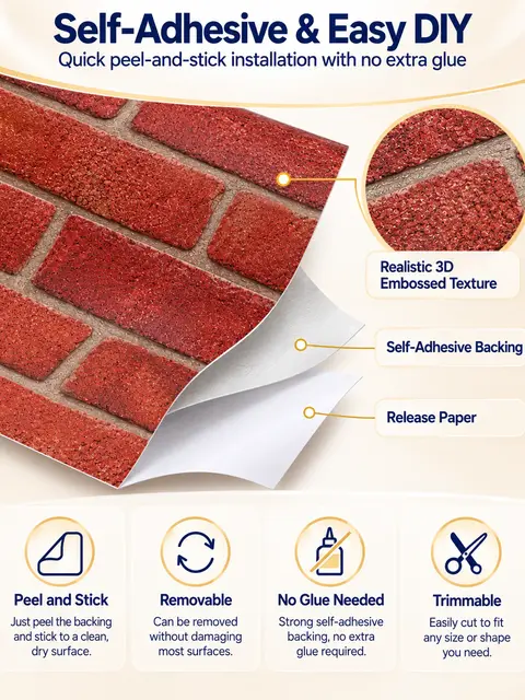 Red Brick Self Adhesive Shelf Drawer Liner Door Sticker Rural Contact Paper — Wall panels