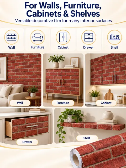 Red Brick Self Adhesive Shelf Drawer Liner Door Sticker Rural Contact Paper — Countertops & tables