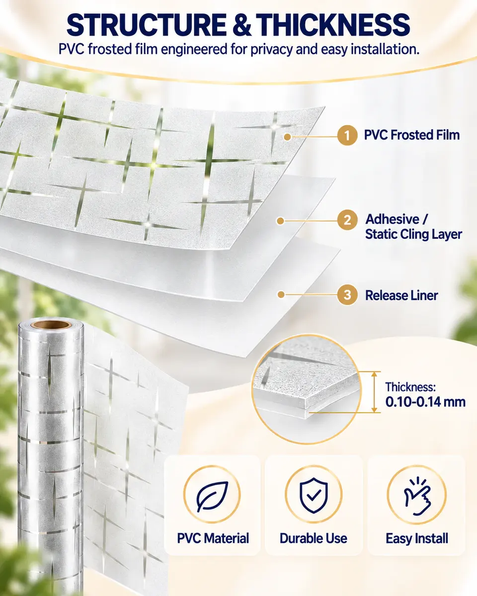 Decorative Self-Adhesive Frosted Glass Window Film for Bathroom & Office — Surface texture and finish close-up