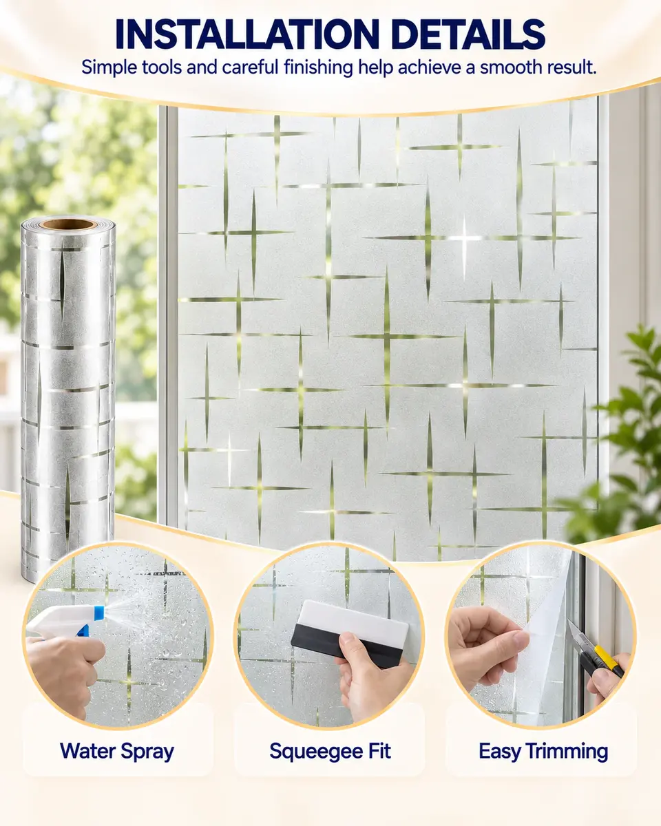 Decorative Self-Adhesive Frosted Glass Window Film for Bathroom & Office — Installation and application detail