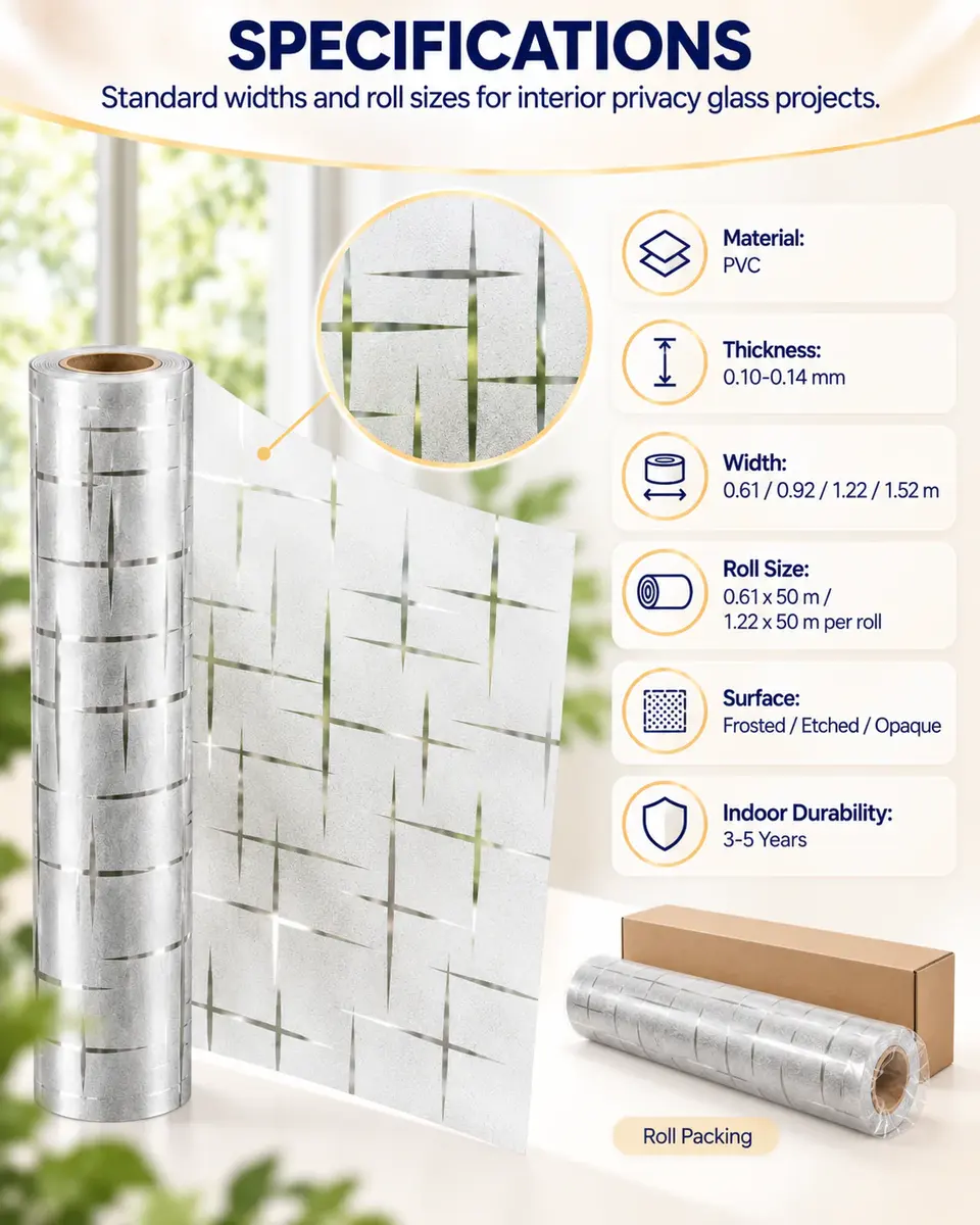 Decorative Self-Adhesive Frosted Glass Window Film for Bathroom & Office — Roll format and packaging