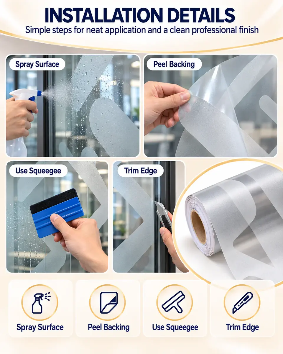 Removable Frosted Decorative Privacy Glass Film for Office — Installation and application detail
