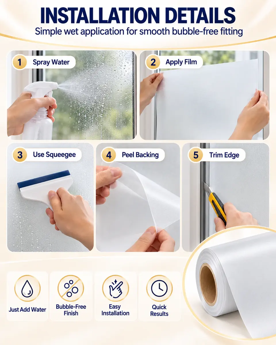 Frosted Matt PVC Privacy Film for Glass Window Decoration — Installation and application detail