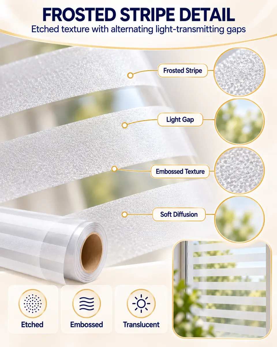 Striped Frosted Privacy Glass Window Film — Construction and material layers