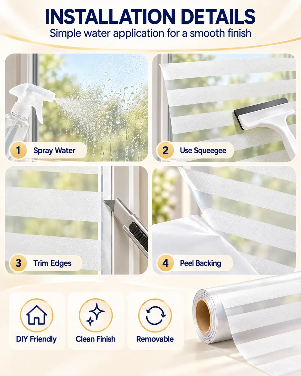Striped Frosted Privacy Glass Window Film — Installation and application detail