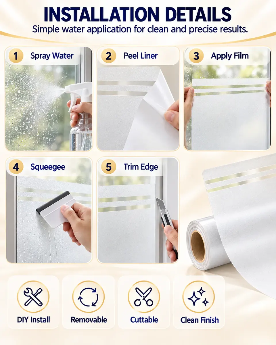 Waterproof Frosted Privacy Glass Window Film — Installation and application detail
