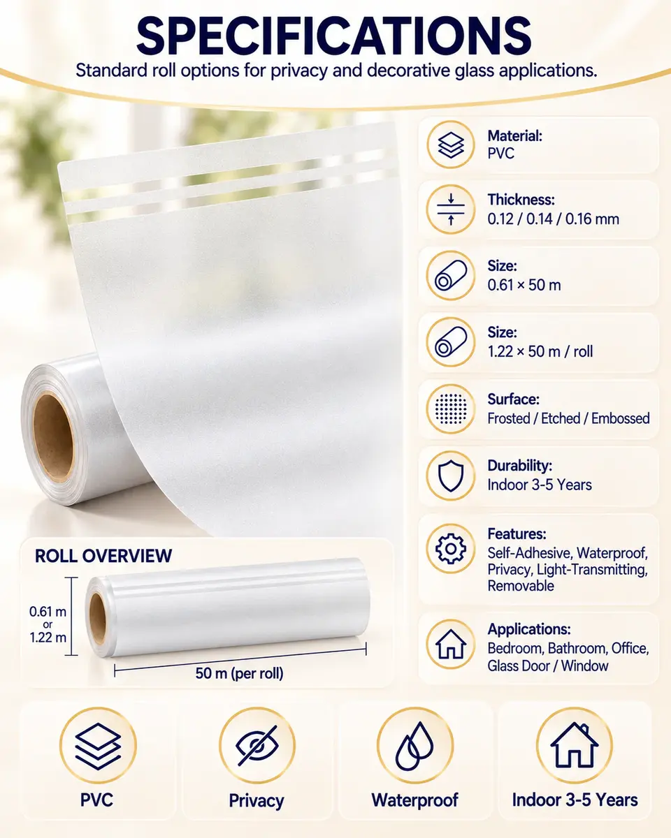 Waterproof Frosted Privacy Glass Window Film — Roll format and packaging