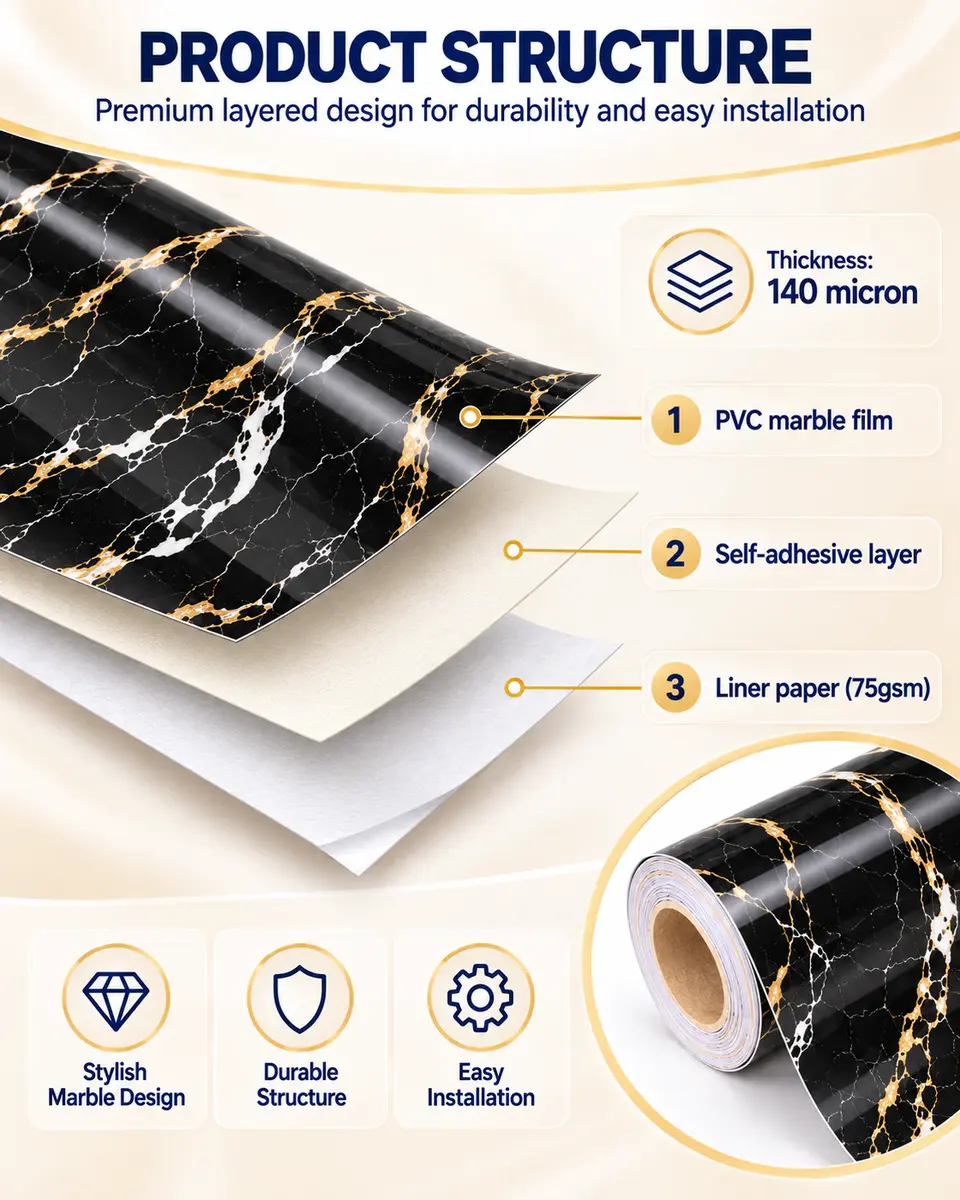 Classic Design PVC Stretch Black Marble Adhesive Decorative Ceiling Film — Surface texture and finish close-up