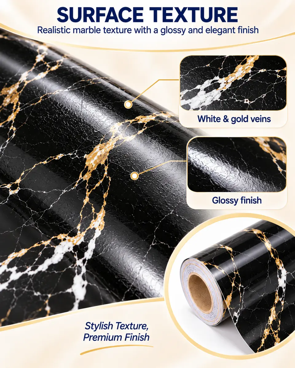 Classic Design PVC Stretch Black Marble Adhesive Decorative Ceiling Film — Construction and material layers