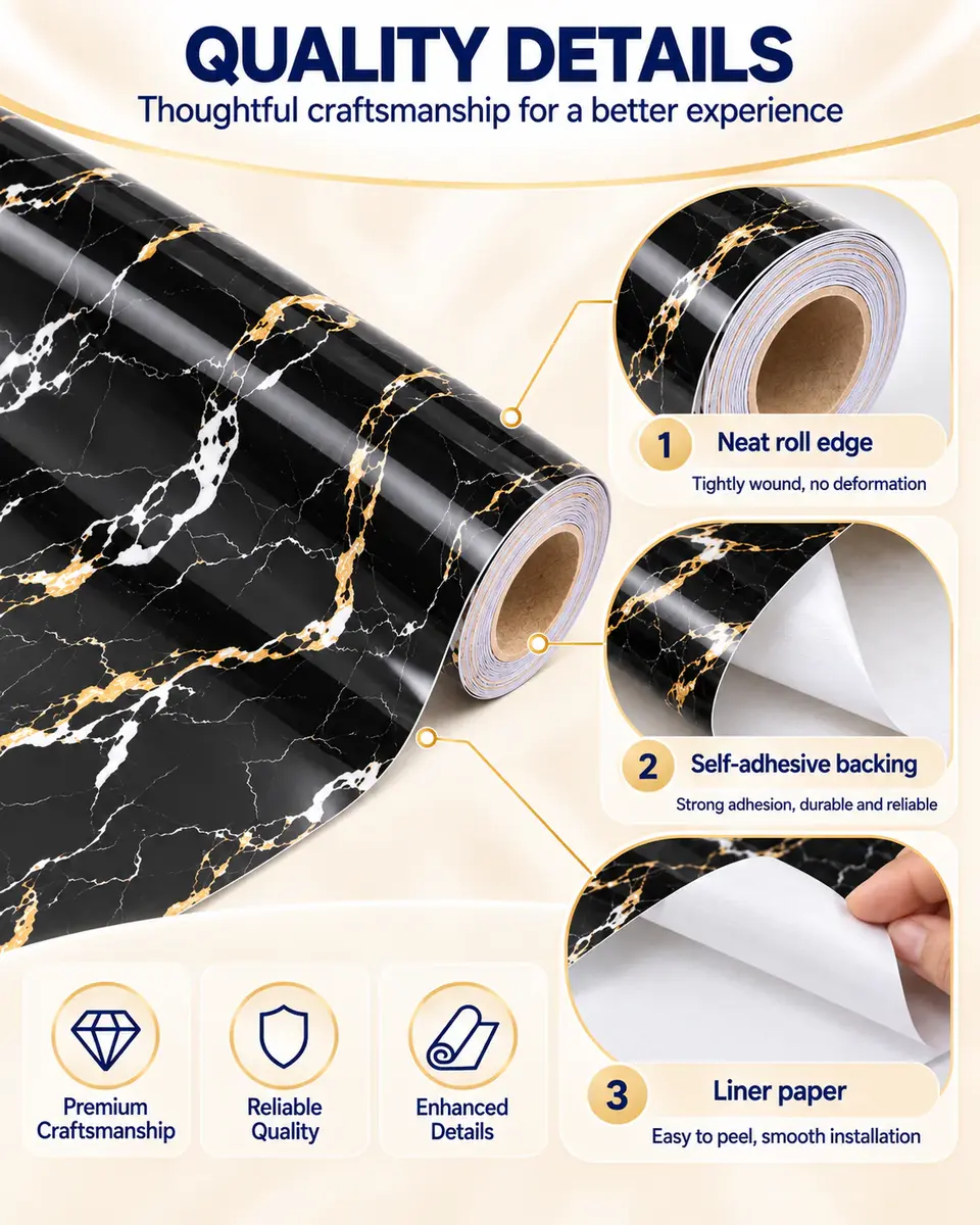 Classic Design PVC Stretch Black Marble Adhesive Decorative Ceiling Film — Installation and application detail