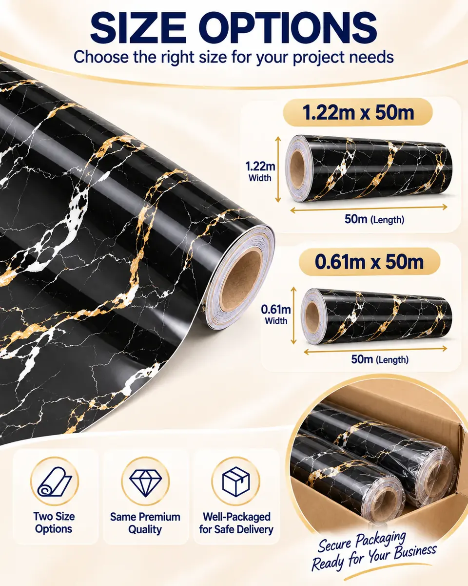 Classic Design PVC Stretch Black Marble Adhesive Decorative Ceiling Film — Roll format and packaging