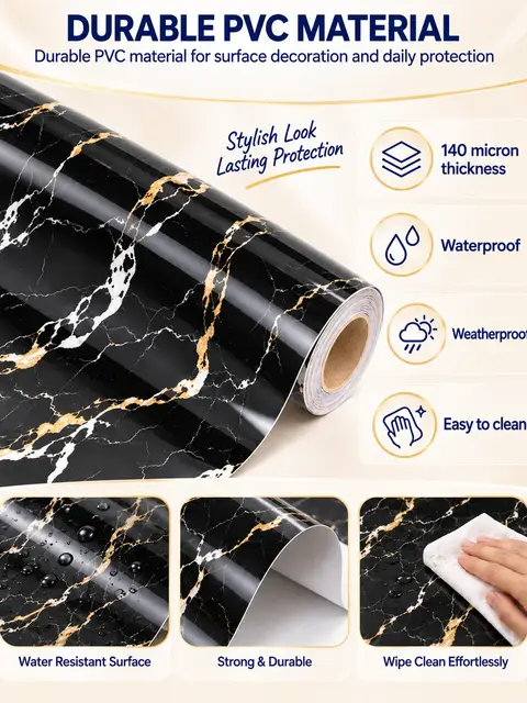 Classic Design PVC Stretch Black Marble Adhesive Decorative Ceiling Film — Cabinet refacing