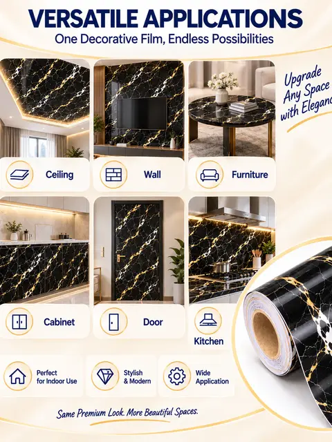 Classic Design PVC Stretch Black Marble Adhesive Decorative Ceiling Film — Countertops & tables