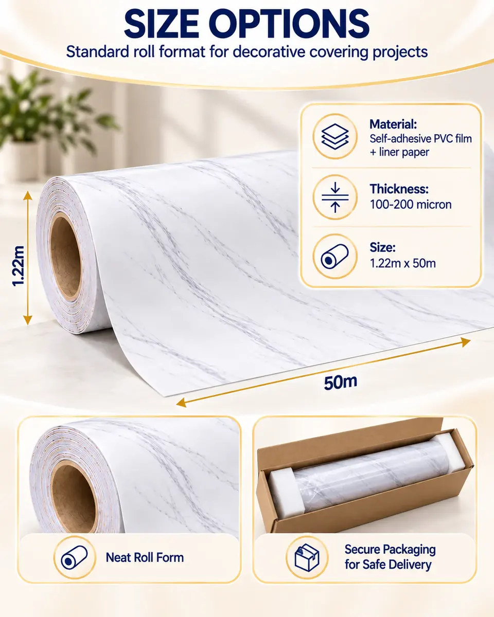 Factory Wholesale Marble Design Adhesive Vinyl Wrapping Paper Sticker — Roll format and packaging