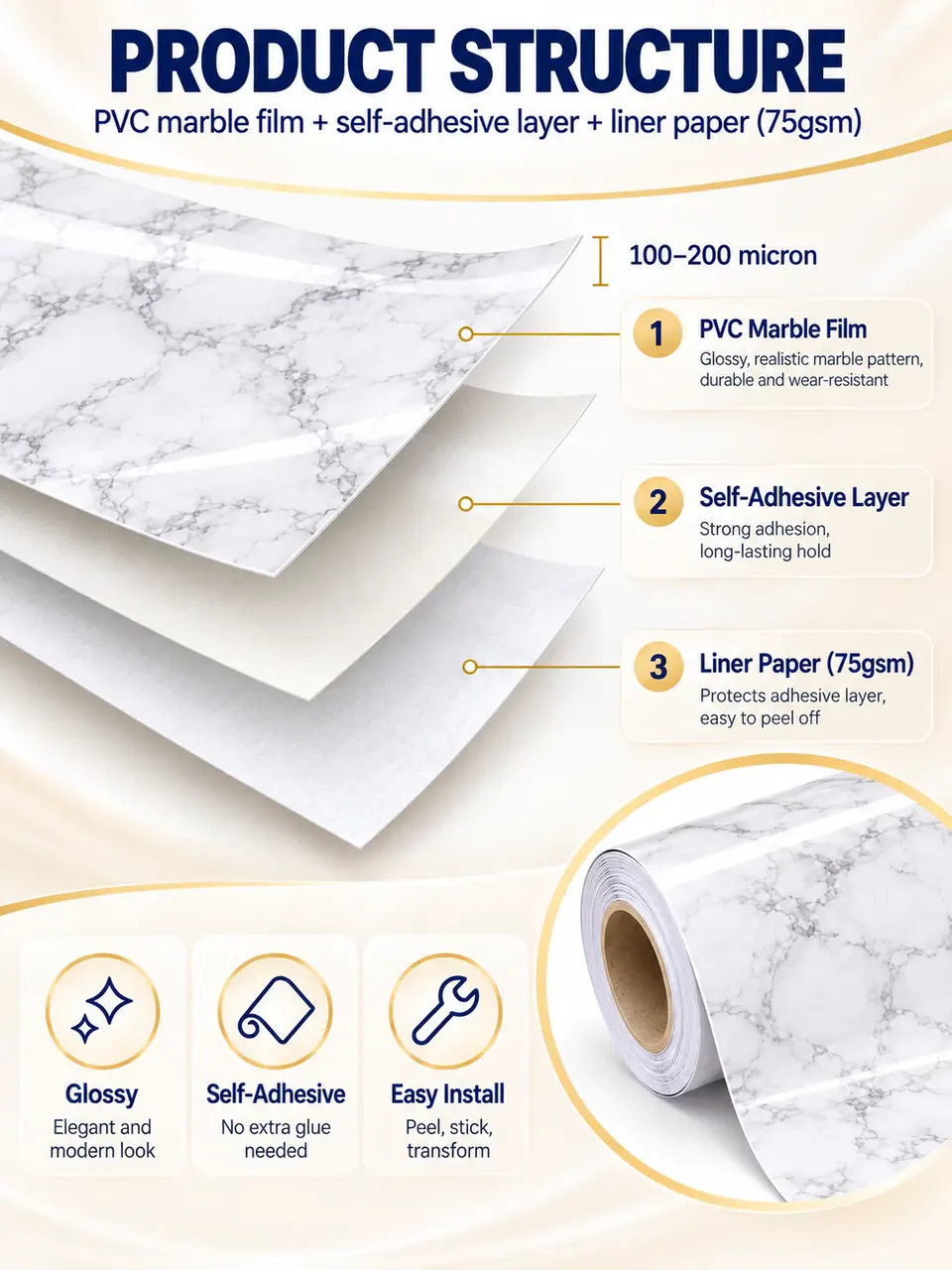 Granite Look Effect Contact Paper Decorative Self-Adhesive Film Marble Gloss Vinyl Film — Surface texture and finish close-up