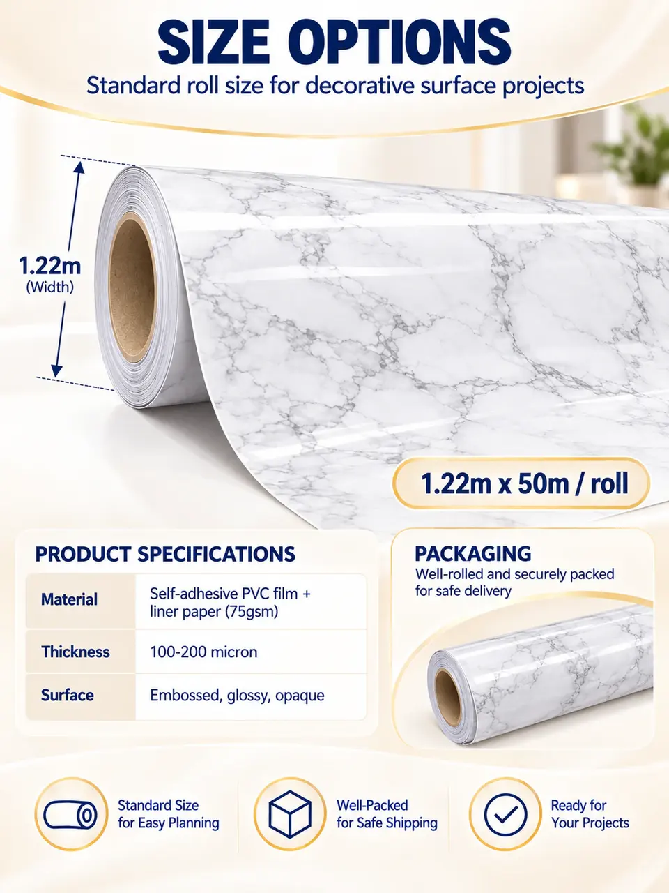 Granite Look Effect Contact Paper Decorative Self-Adhesive Film Marble Gloss Vinyl Film — Roll format and packaging