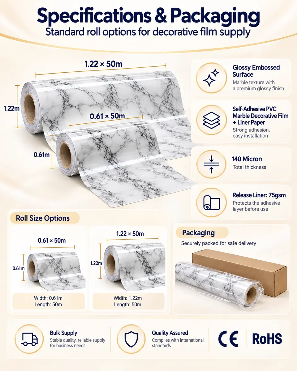 Manufacturer Marble Design PVC Decorative Film for Wall Panel Covering — Roll format and packaging
