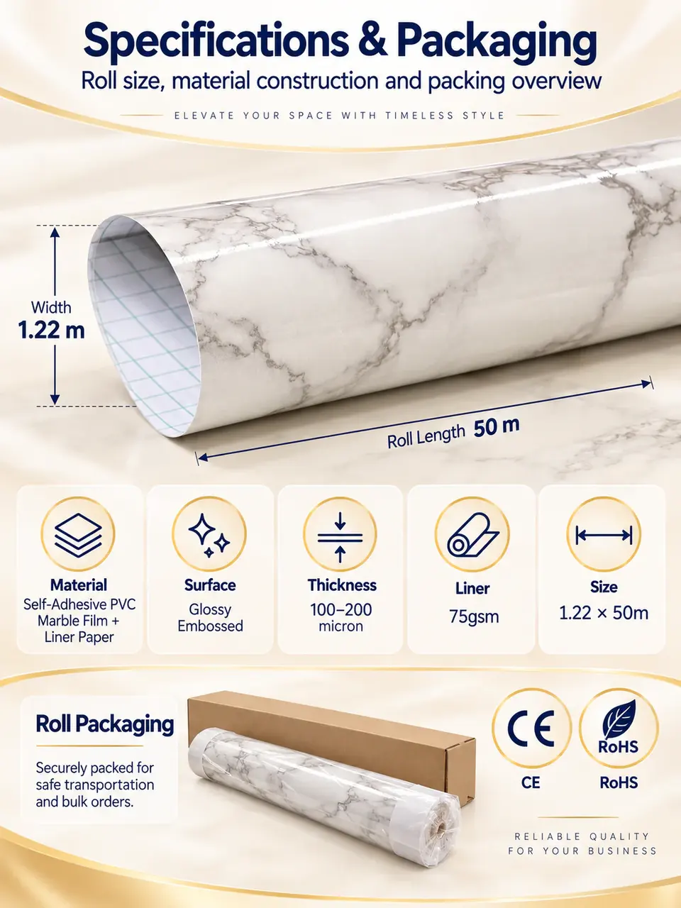 Marble PVC Self Adhesive Wallpaper Vinyl Sticker for Home Decoration — Roll format and packaging