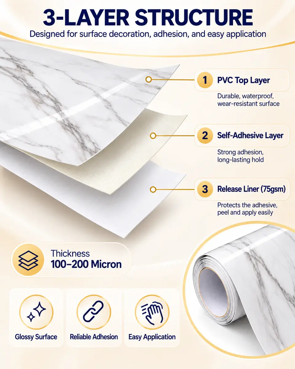 Light Grey White Marble Sticky Back Plastic Self Adhesive Vinyl Film — Surface texture and finish close-up