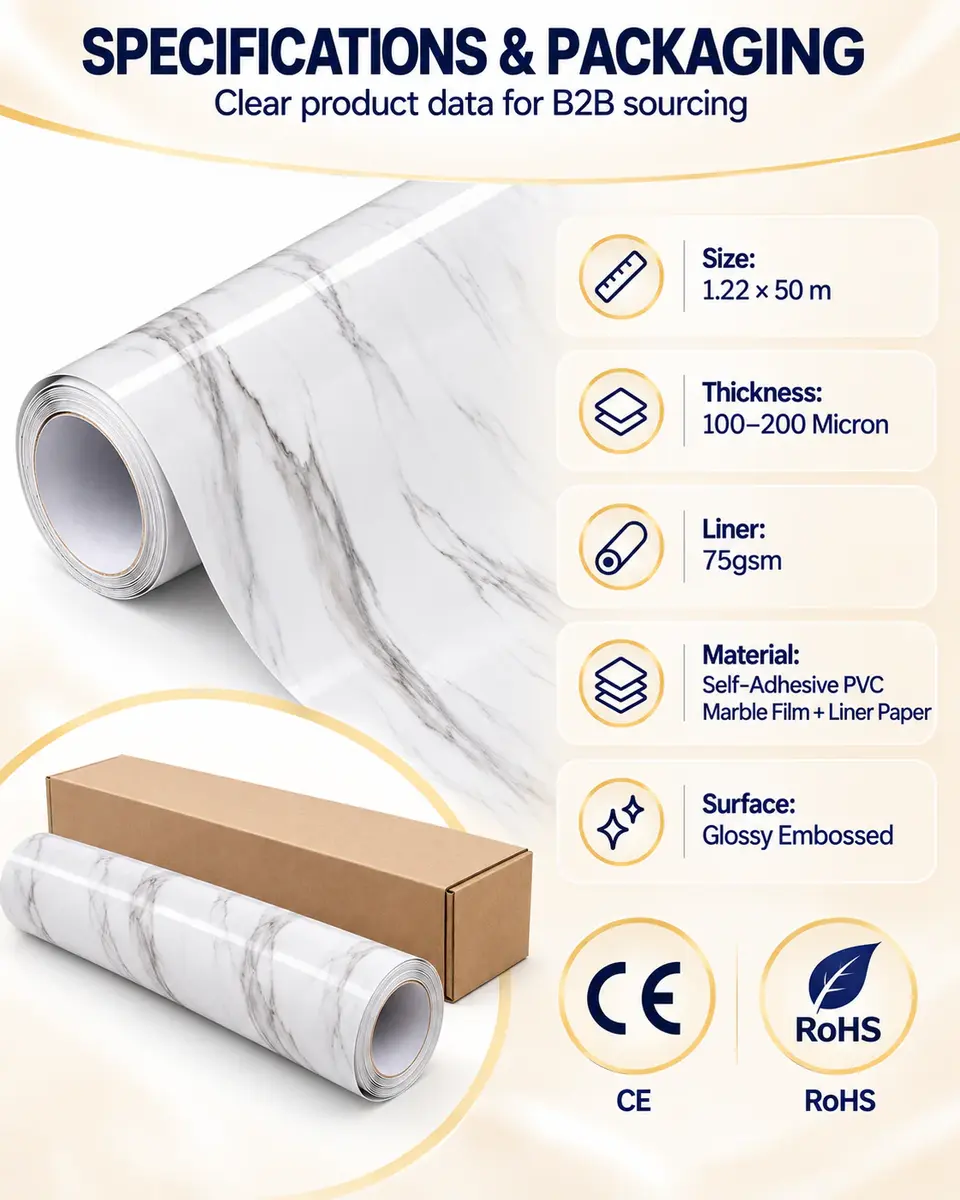 Light Grey White Marble Sticky Back Plastic Self Adhesive Vinyl Film — Roll format and packaging
