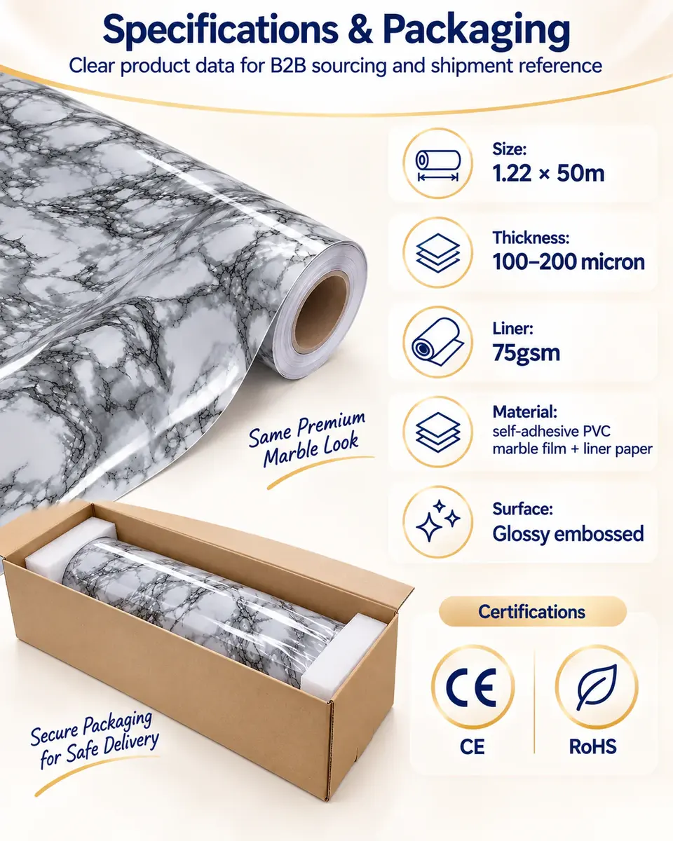 NEW DIY Kitchen Worktop Black Marble Vinyl Cover Self Adhesive Sticky Back Wrap — Roll format and packaging