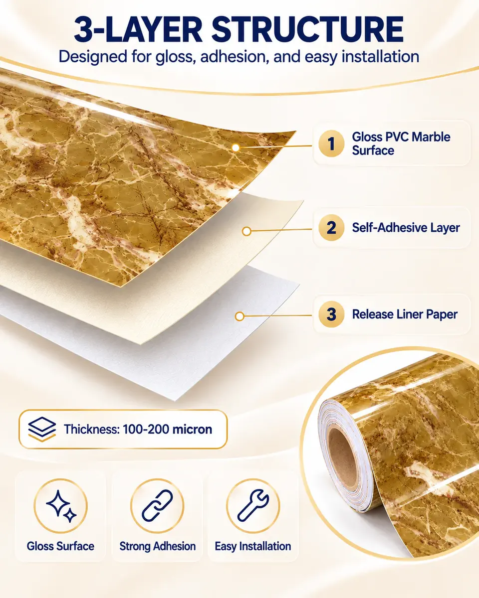Waterproof Self Adhesive Removable Gloss Vinyl Film Decorative Contact Paper for Countertops Furniture Renovated Wallpaper — Surface texture and finish close-up