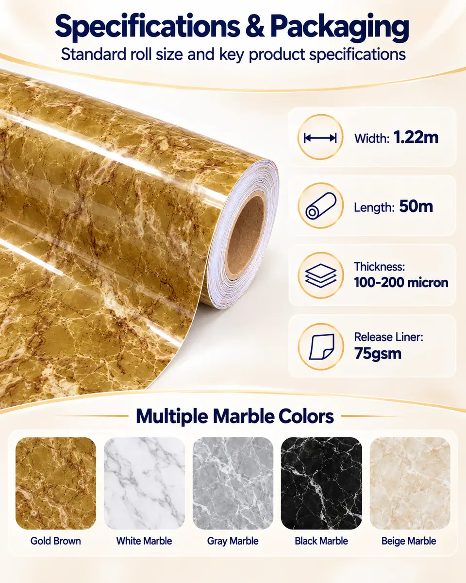 Waterproof Self Adhesive Removable Gloss Vinyl Film Decorative Contact Paper for Countertops Furniture Renovated Wallpaper — Roll format and packaging