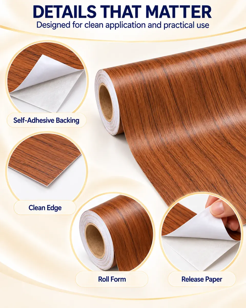 Best Design Self-Adhesive Wood Grain Wrapping Paper Vinyl Film for Furniture — Installation and application detail