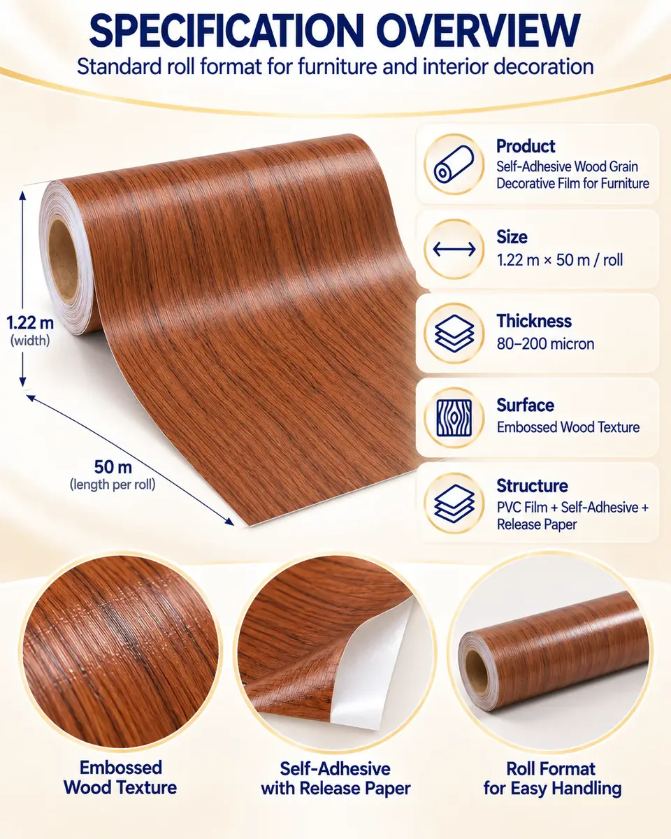 Best Design Self-Adhesive Wood Grain Wrapping Paper Vinyl Film for Furniture — Roll format and packaging