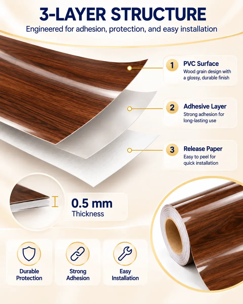 Customizable Eco-Friendly High-Gloss Wood Grain PVC Furniture Decorative Film Roll — Surface texture and finish close-up