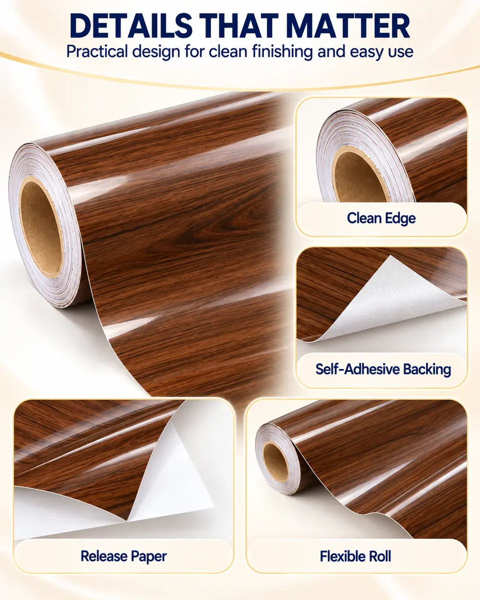 Customizable Eco-Friendly High-Gloss Wood Grain PVC Furniture Decorative Film Roll — Installation and application detail