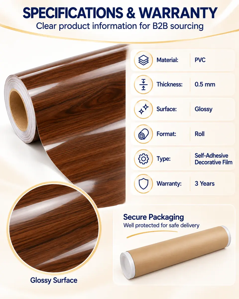 Customizable Eco-Friendly High-Gloss Wood Grain PVC Furniture Decorative Film Roll — Roll format and packaging