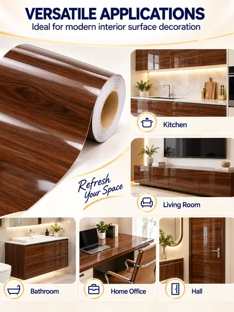Customizable Eco-Friendly High-Gloss Wood Grain PVC Furniture Decorative Film Roll — Countertops & tables