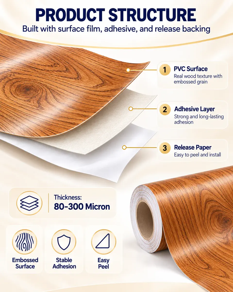 Decoration Self-Adhesive PVC Wood Texture Film for Kitchen Cabinet — Surface texture and finish close-up