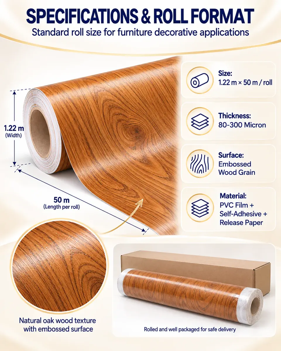 Decoration Self-Adhesive PVC Wood Texture Film for Kitchen Cabinet — Roll format and packaging