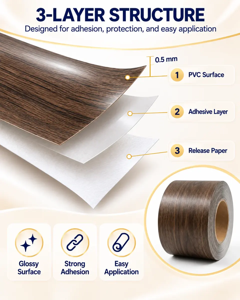 Decorative Self-Adhesive High-Gloss Wood Grain Laminate Film for Cabinets — Surface texture and finish close-up