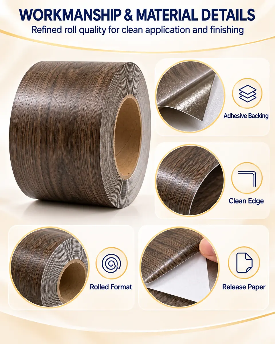 Decorative Self-Adhesive High-Gloss Wood Grain Laminate Film for Cabinets — Installation and application detail