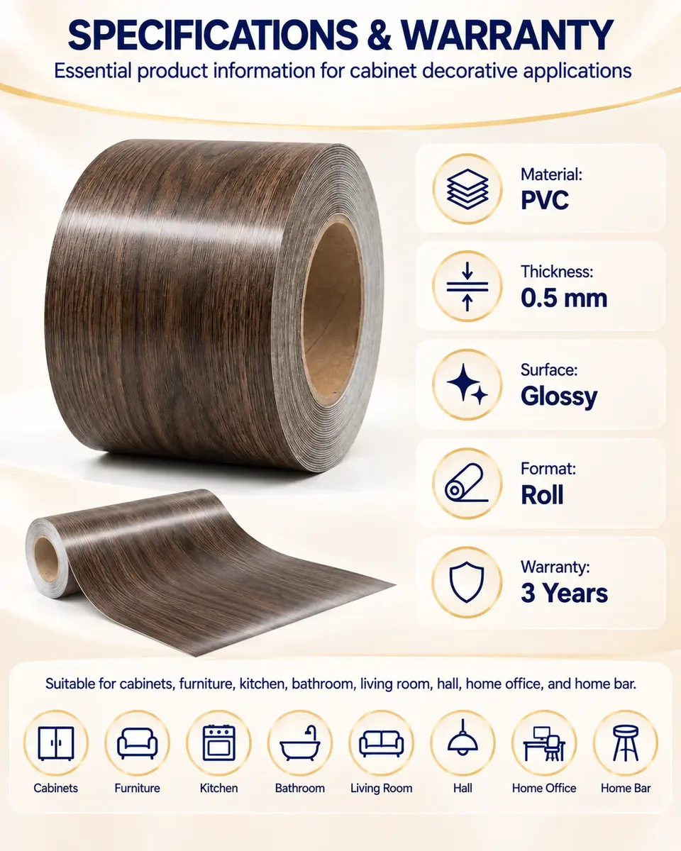 Decorative Self-Adhesive High-Gloss Wood Grain Laminate Film for Cabinets — Roll format and packaging