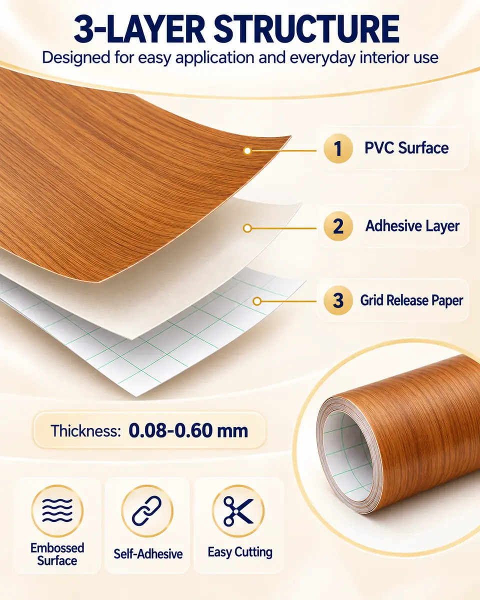 Self-Adhesive Wood Grain Contact Paper / Decorative Film for Furniture — Surface texture and finish close-up