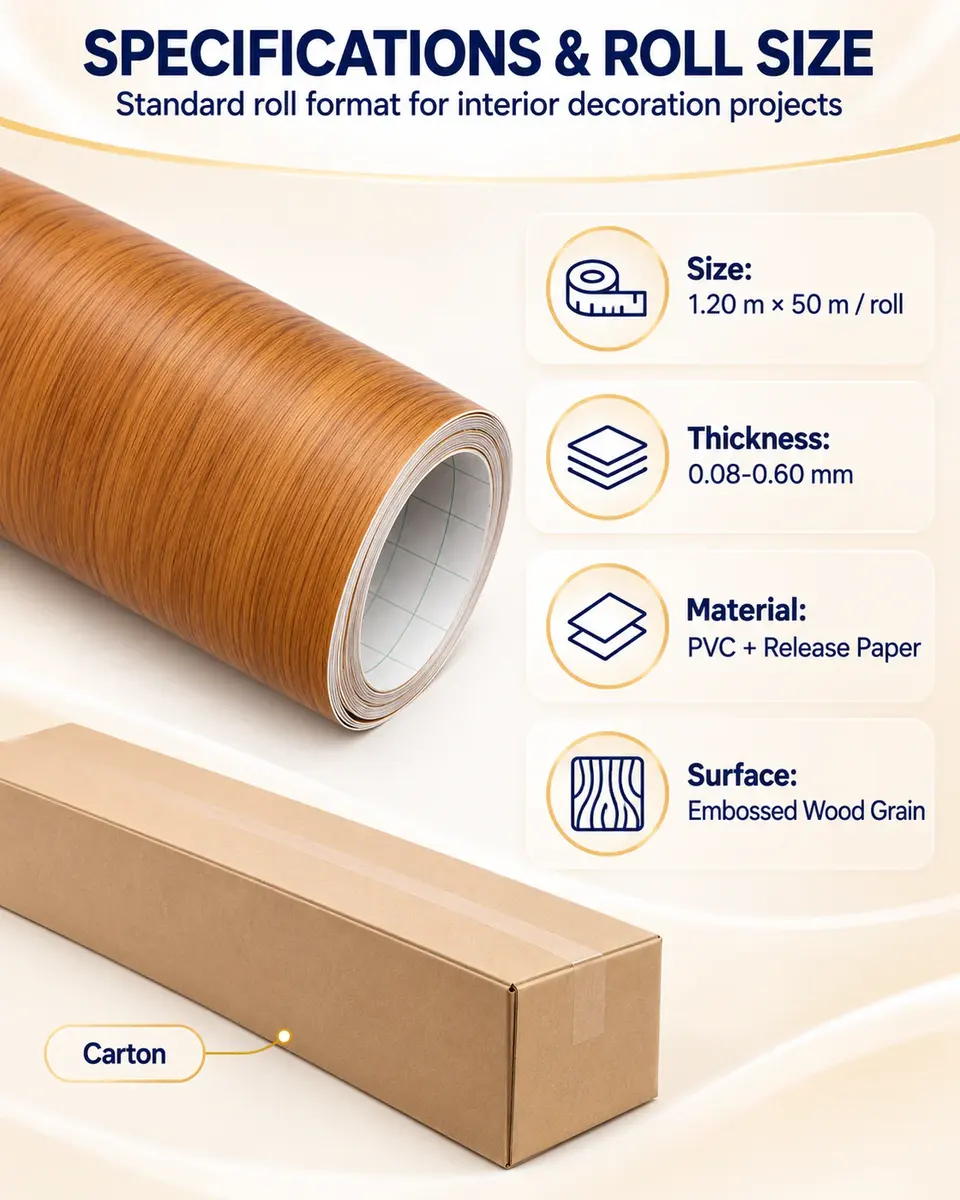 Self-Adhesive Wood Grain Contact Paper / Decorative Film for Furniture — Roll format and packaging