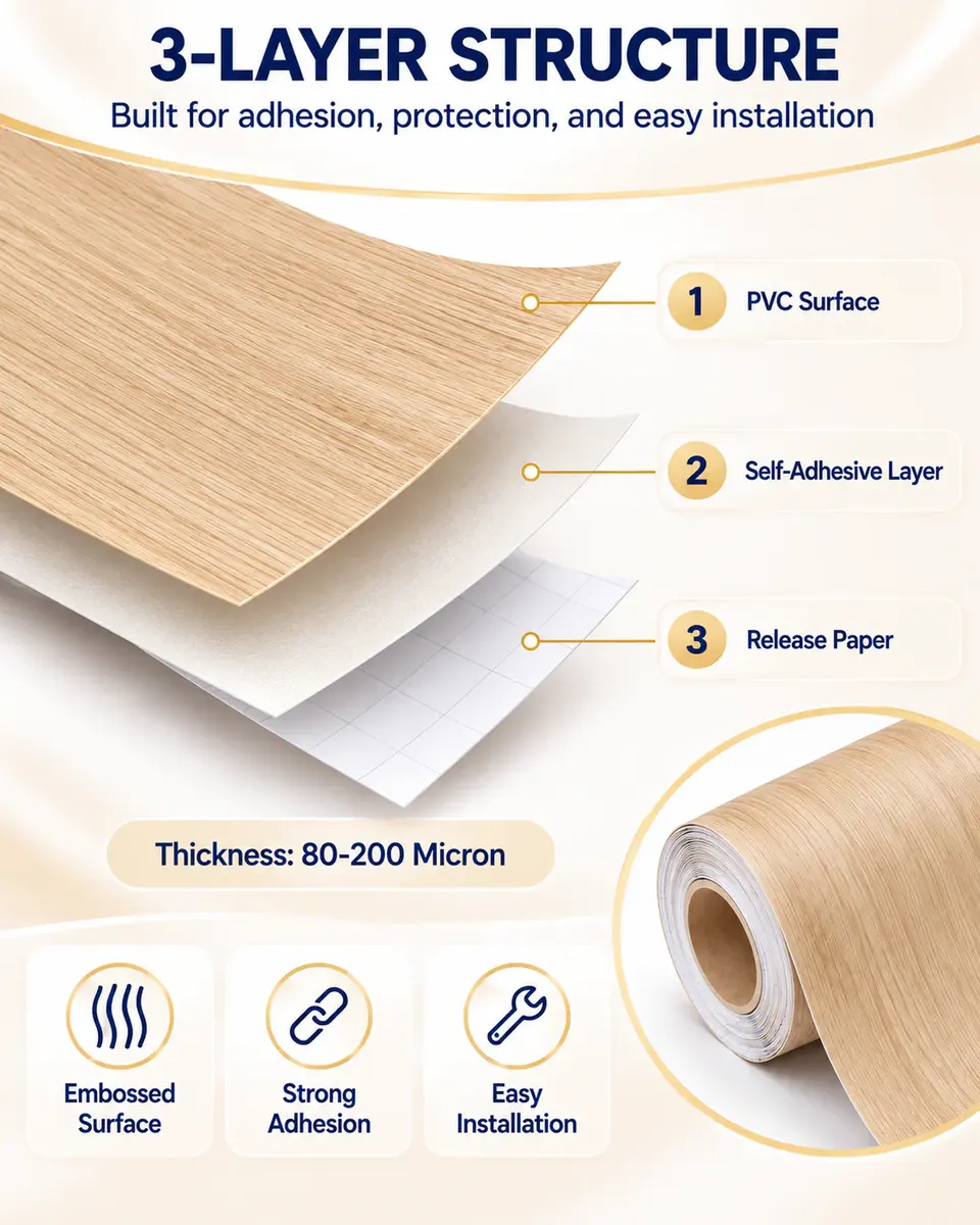 Factory Self-Adhesive Wood Grain Decorative PVC Film for Furniture — Surface texture and finish close-up