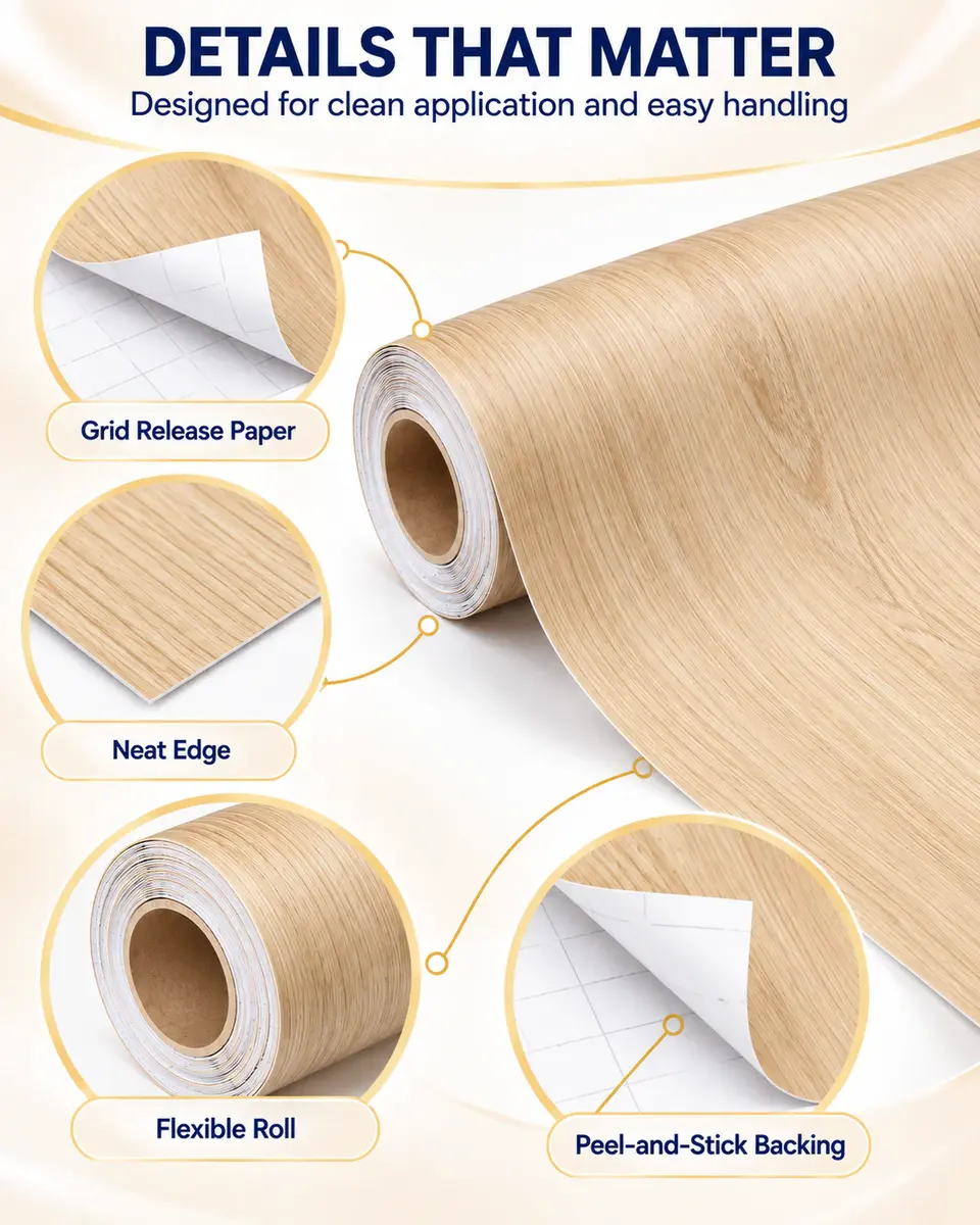 Factory Self-Adhesive Wood Grain Decorative PVC Film for Furniture — Installation and application detail