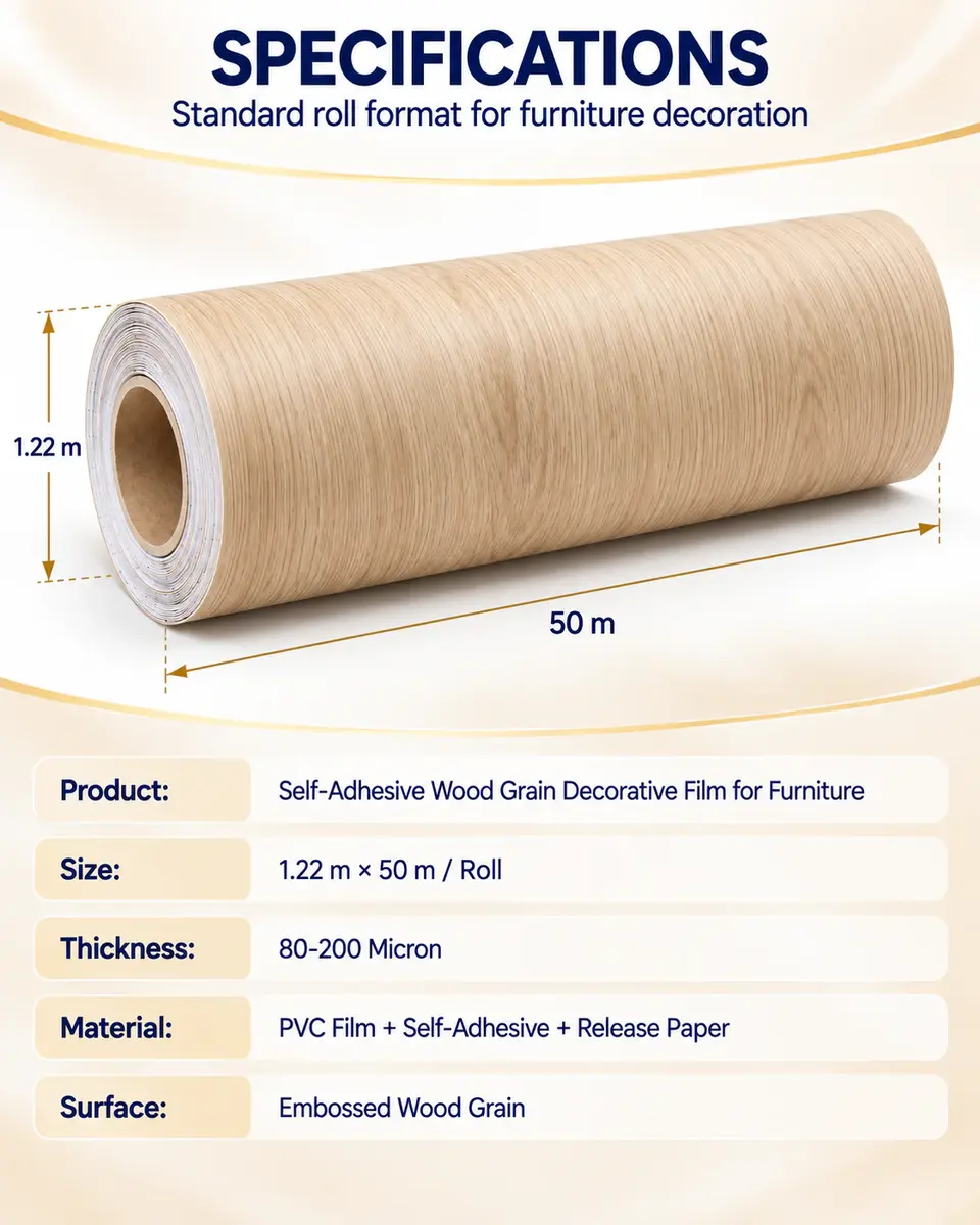 Factory Self-Adhesive Wood Grain Decorative PVC Film for Furniture — Roll format and packaging