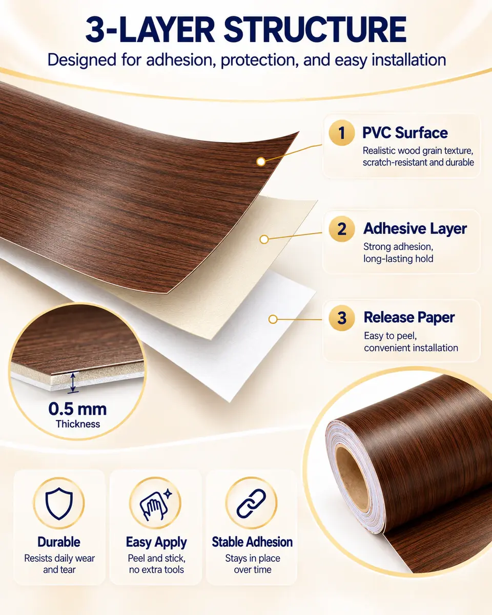 Self-Adhesive Wood Grain Film for Door & Furniture Renovation — Surface texture and finish close-up