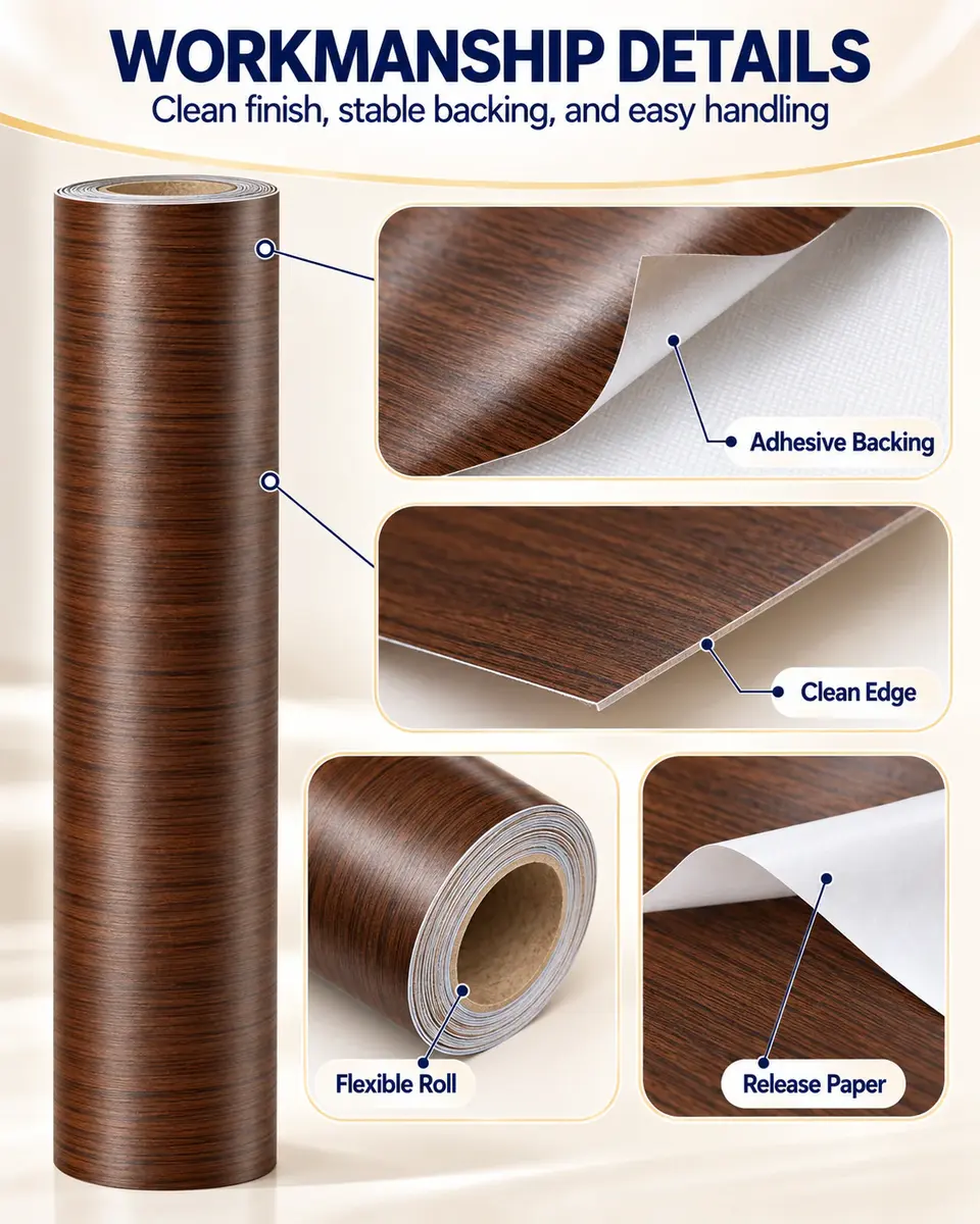Self-Adhesive Wood Grain Film for Door & Furniture Renovation — Installation and application detail