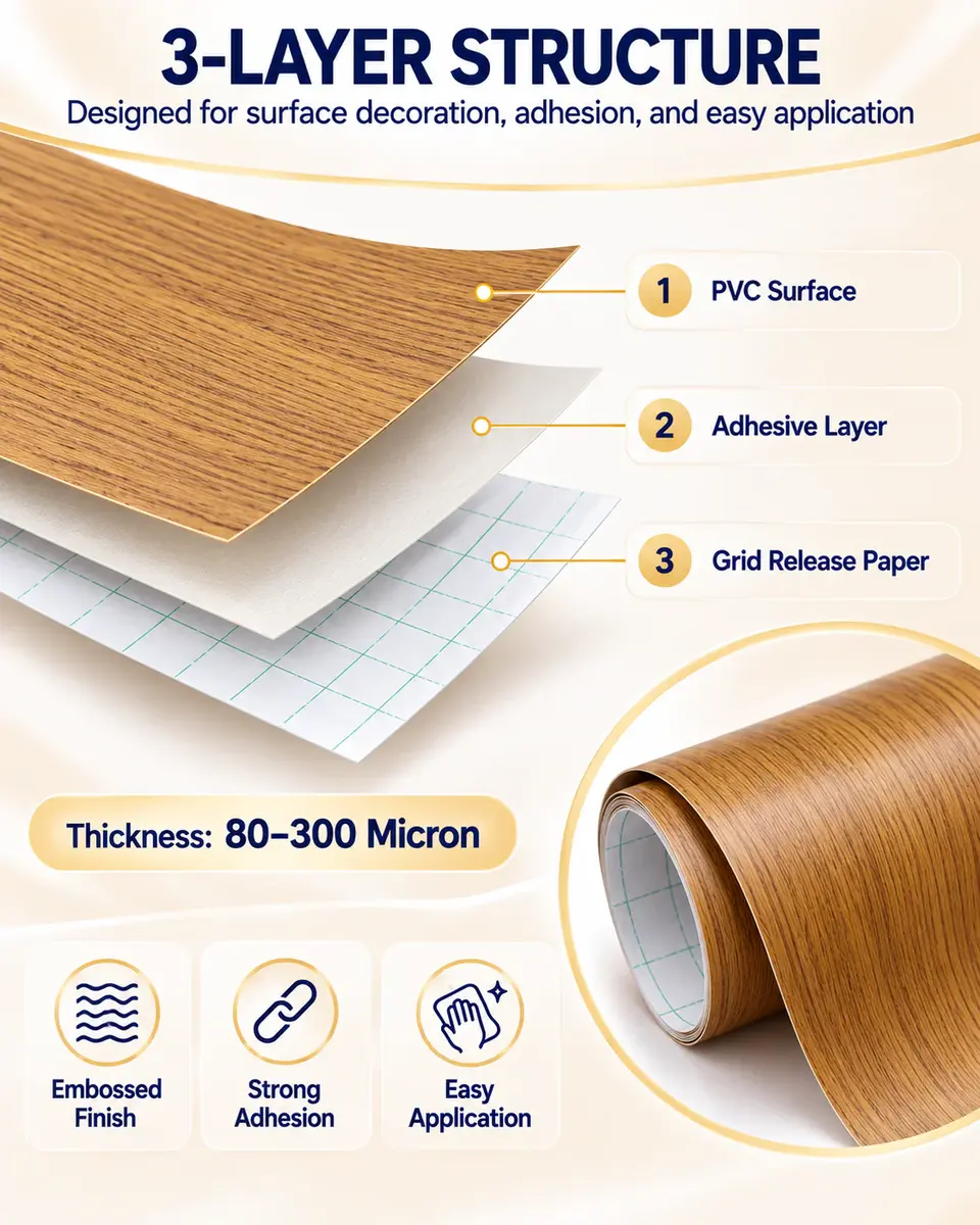 Factory Price Self-Adhesive Wood Grain PVC Film for Door & Furniture — Surface texture and finish close-up