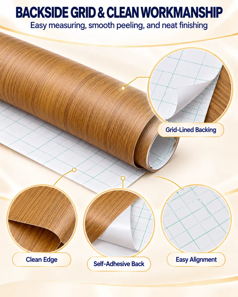 Factory Price Self-Adhesive Wood Grain PVC Film for Door & Furniture — Installation and application detail