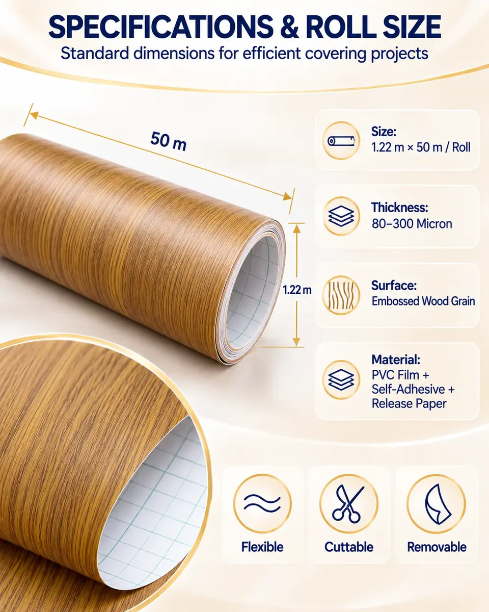Factory Price Self-Adhesive Wood Grain PVC Film for Door & Furniture — Roll format and packaging